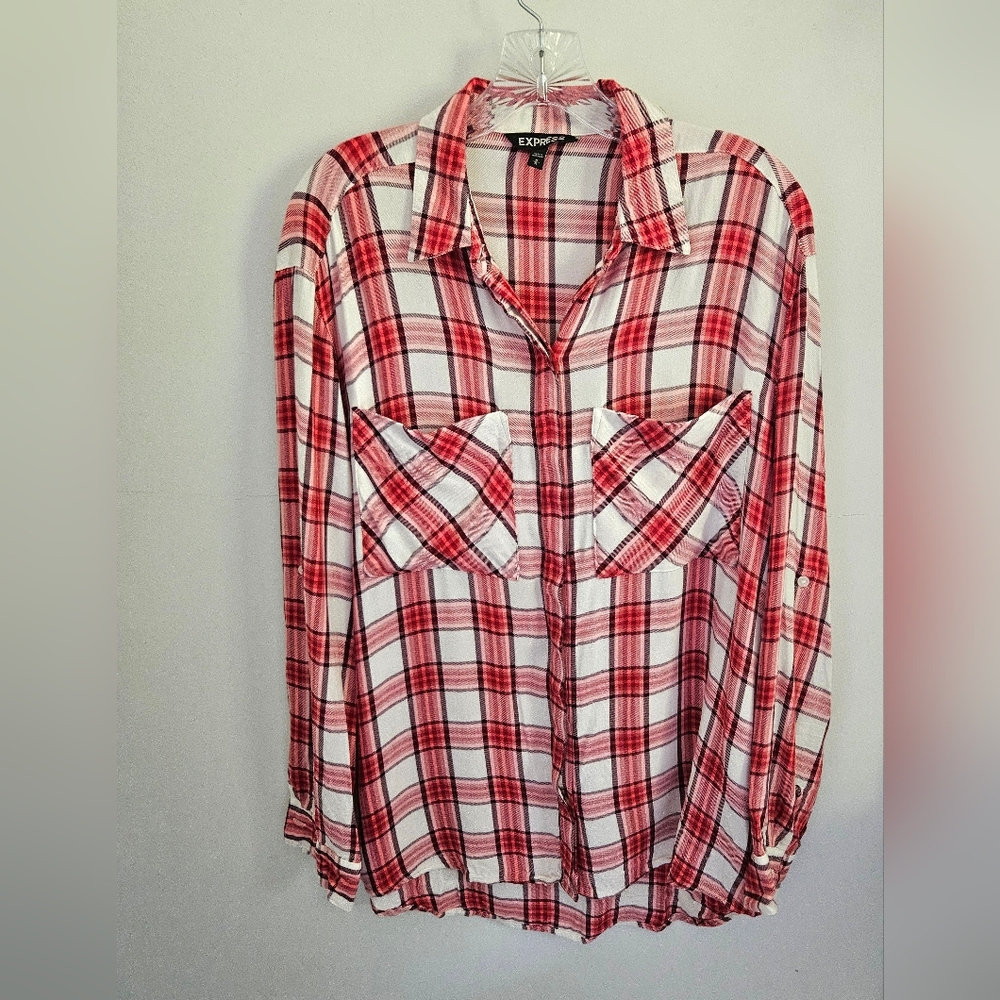 Express Plaid Button Down Pink Brown